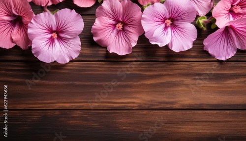 Pink flowers on a wooden background. Top view with copy space.