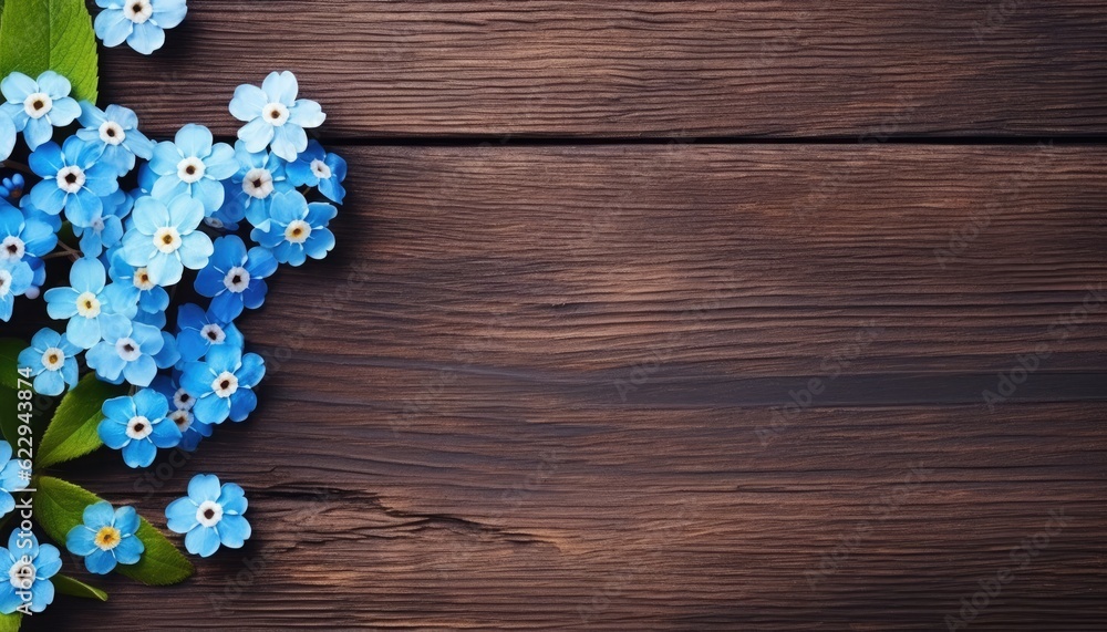 blue flowers on wooden background, copy space blue flowers on wooden background, copy space