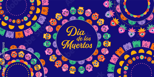 Dia de los Muertos, Day of the dead abstract Mexican background with circles of garlands, paper decorations and flowers