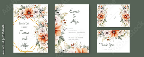 Beautiful watercolor golden frame flower wedding invitation design template