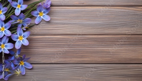 Spring crocus flowers on wooden background. Top view with copy space