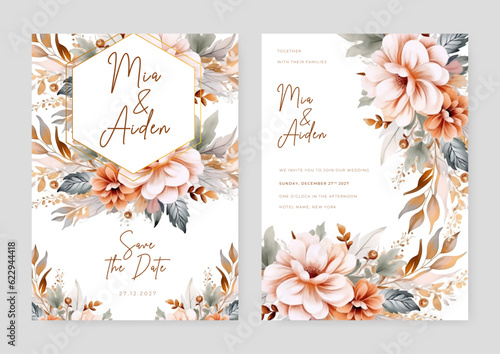 Floral wedding invitation card set template design, pink watercolor decorated with magnolia liliiflora flowerss on white