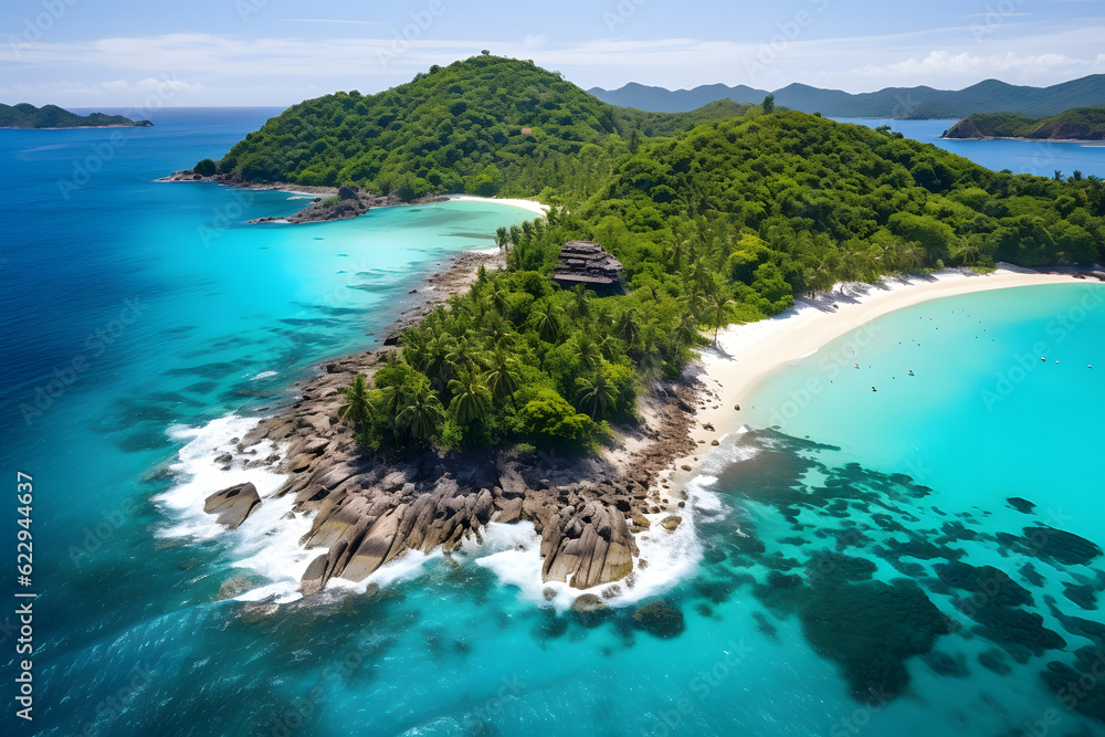 Fototapeta premium Vacation background. Travel concept. Aerial drone view of beautiful caribbean tropical island with palms and turquoise water. Banner wide format 