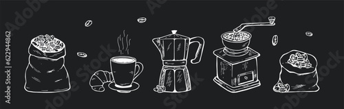 coffee grinder, coffee grinder, coffee maker, coffee bag, coffee grains, croissant, coffee mug vector freehand drawing