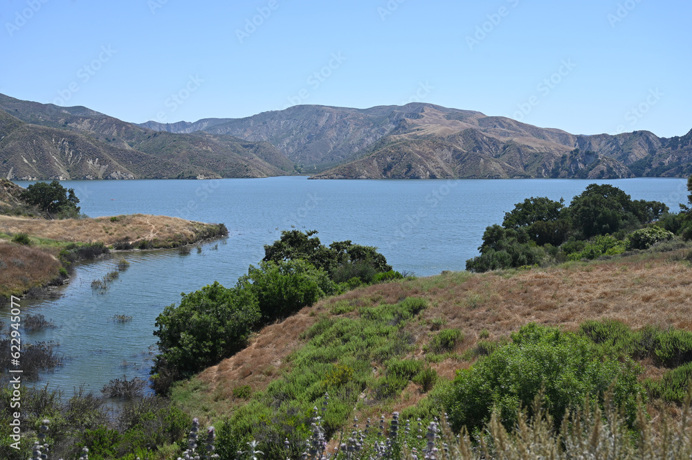 Lake Piru reservoir located in Los Padres National Forest and Topatopa Mountains of Ventura County, California.