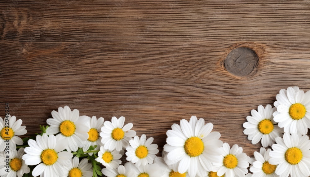 Obraz premium Chamomile flowers on wooden background. Top view with copy space