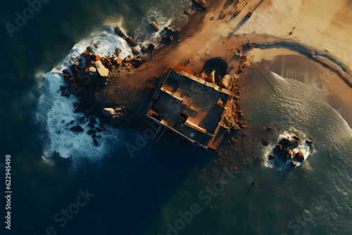 Aerial view of a small island connected with the shore surrounded by blue waters, drone view 