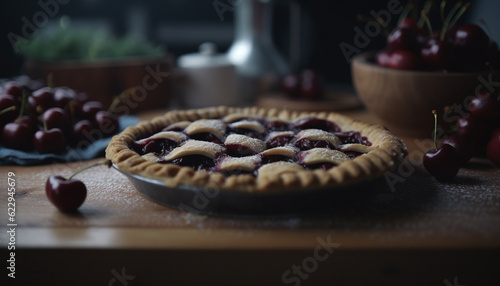 Homemade sweet pie, fresh berry fruit, gourmet baked pastry, rustic kitchen generated by AI