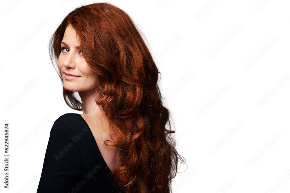 Ginger, advertising or woman with red curly hair, texture promotion or highlights extensions. Spa salon hairstyle, hairdressing shampoo brand or back of person isolated on transparent, png background Ginger, advertising or woman with red curly hair, texture promotion or highlights extensions. Spa salon hairstyle, hairdressing shampoo brand or back of person isolated on transparent, png background