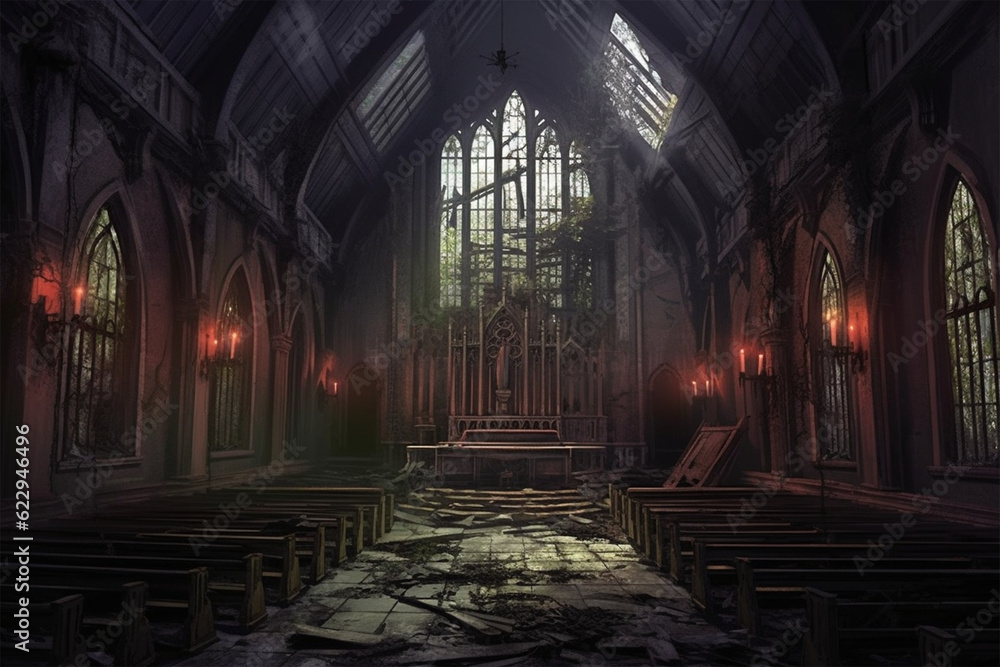 horror background, inside an uninhabited church