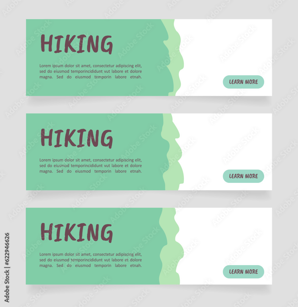 Invitation to hiking web banner design template. Vector flyer with text space. Advertising placard with customized copyspace. Printable poster for advertising. Caveat Brush, Calibri fonts used Invitation to hiking web banner design template. Vector flyer with text space. Advertising placard with customized copyspace. Printable poster for advertising. Caveat Brush, Calibri fonts used
