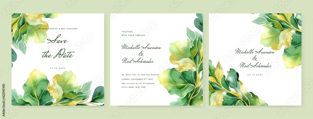 wedding invitation, thank you card, rsvp, details,menu,welcome,boho DIY minimal template design with watercolor greenery leaf and branch, watercolor invitation, beautiful floral wreath.
