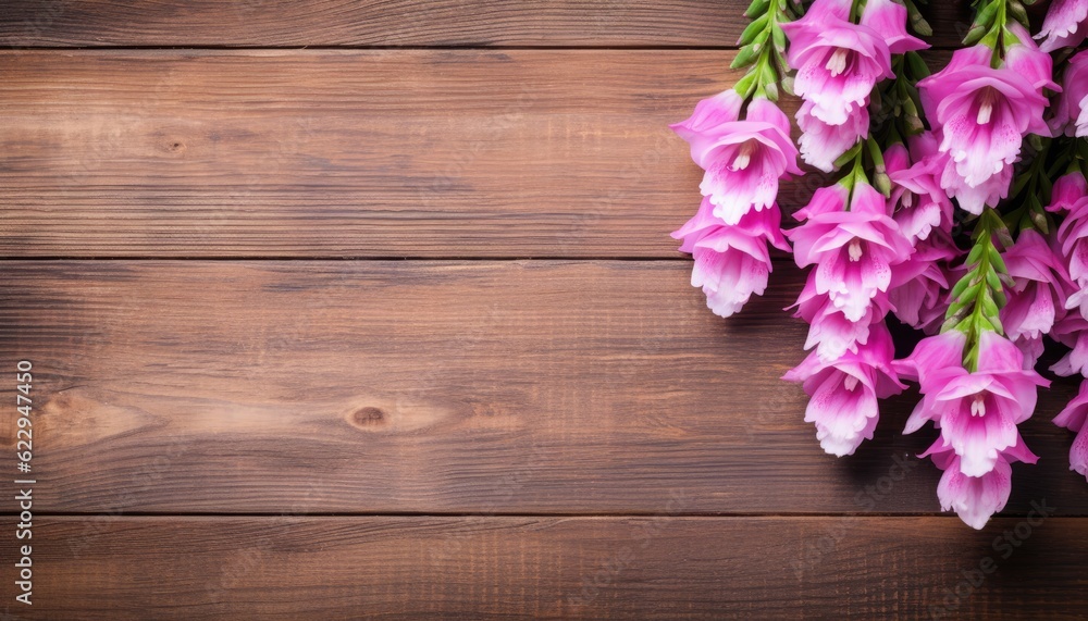 Fototapeta premium bouquet of pink freesia flowers on wooden background with copy space