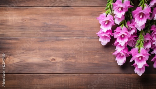 bouquet of pink freesia flowers on wooden background with copy space