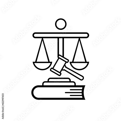 Law book, hammer, scale of justice combination logo icon design black and white Vector.