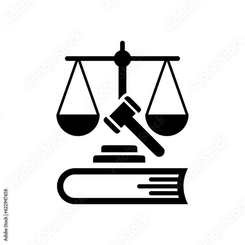 Law hammer , book and law balance scale combination black and white Vector icon design.