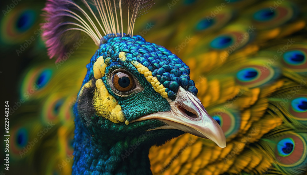 Obraz premium Majestic peacock displays vibrant colors, showcasing beauty in nature generated by AI