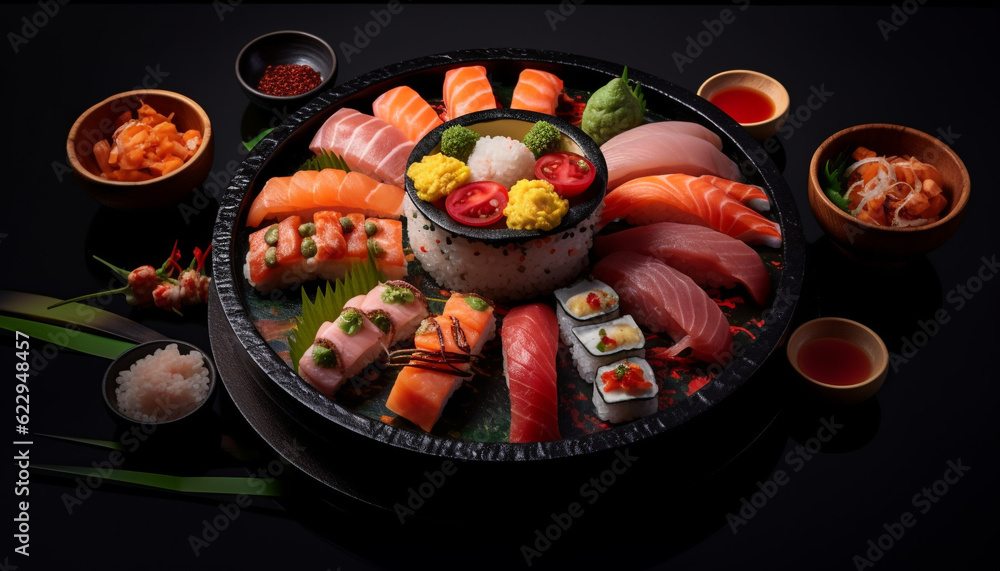 Freshness and variety on a plate, sushi culture rolled up generated by AI Freshness and variety on a plate, sushi culture rolled up generated by AI