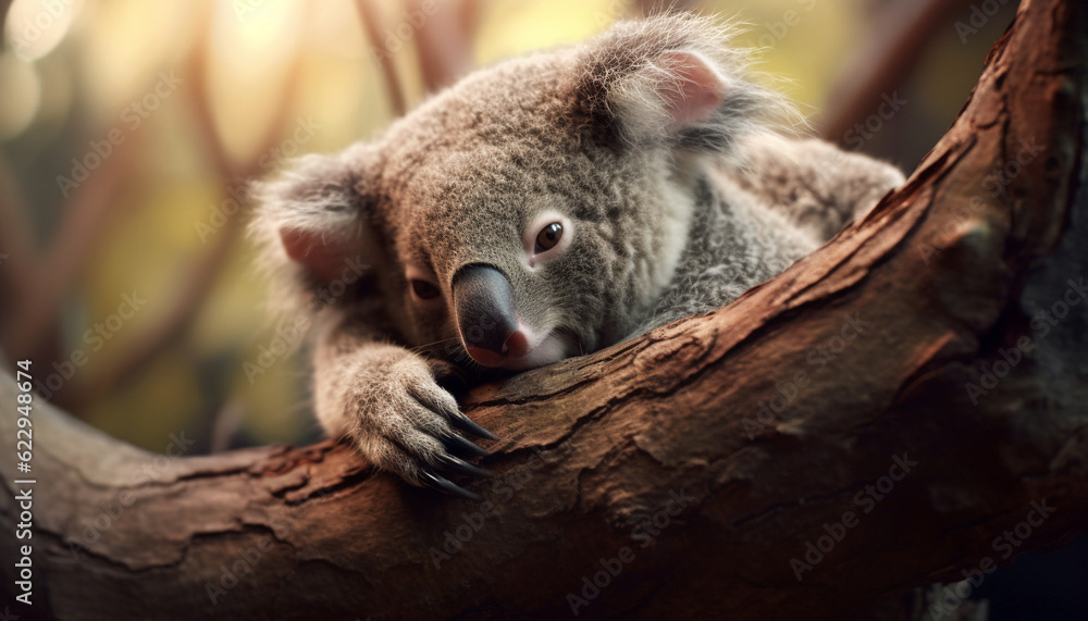 Fototapeta premium Cute koala, marsupial mammal, sitting on eucalyptus tree branch generated by AI