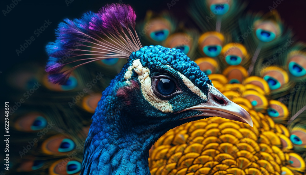 Obraz premium Majestic peacock displays vibrant colors, captivating with its elegant beauty generated by AI