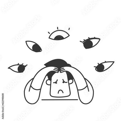han drawn doodle person surrounded by giant eyes feeling overwhelmed and helpless illustration