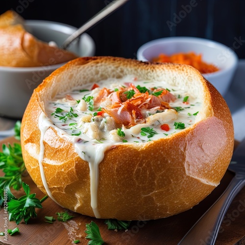 Delicious clam chowder in a bowl of sourdough bread. Great for articles on food, recipes, and more. 
