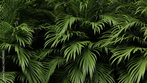 Fototapeta Naklejka Na Ścianę i Meble -  Green leaves tropical palm tree, background. Tropical jungle. 3d render