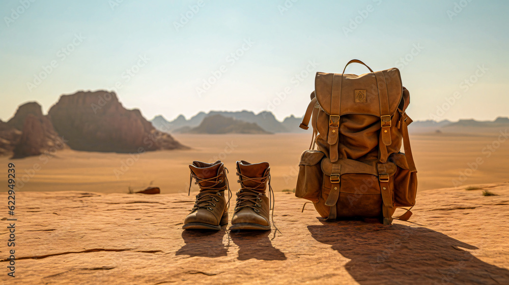 a pair of wanderboots and a backbag standing in a landscape 