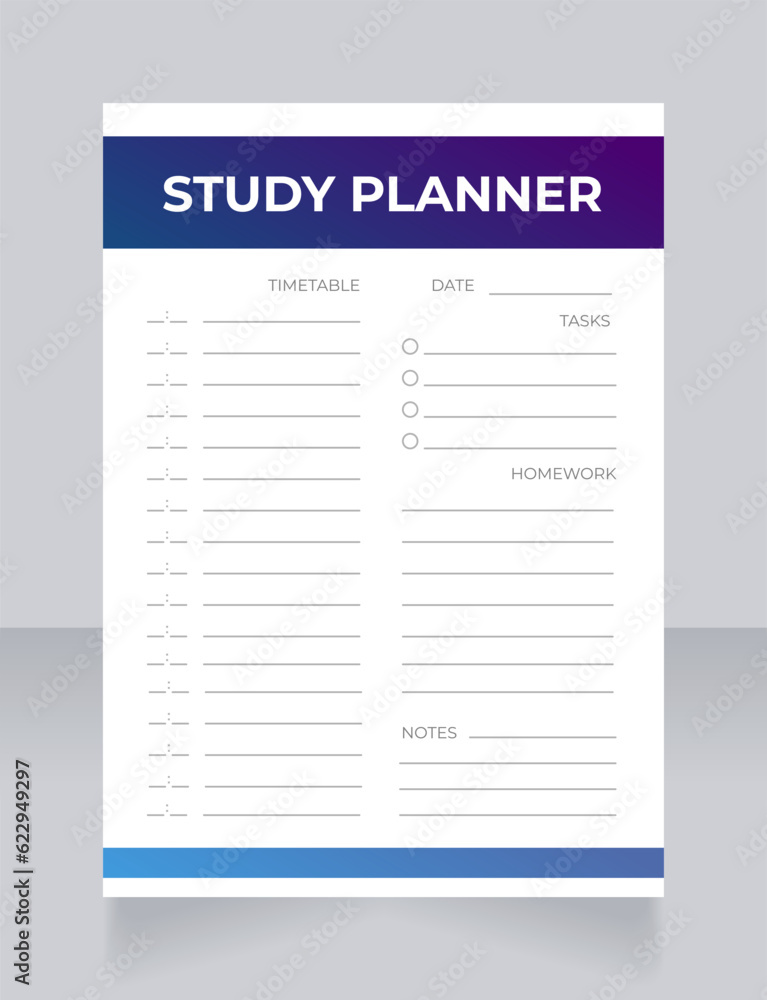 Study planner worksheet design template. School homework. Printable goal setting sheet. Editable time management sample. Scheduling page for organizing personal tasks. Montserrat font used