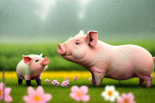 Draw a cute pig playing with his family among the flowers in a rainy field .Generative AI