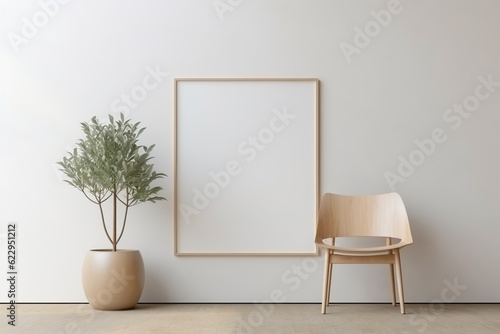 Fototapeta Naklejka Na Ścianę i Meble -  White painting, white wall, wooden chair, and decoration plant