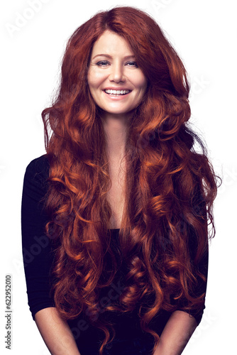 Foto Wavy, portrait and happy woman with red hair, curly texture and healthy locks, strong glow and auburn extensions