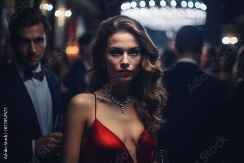 Beautiful woman wearing red dress at an upper class party