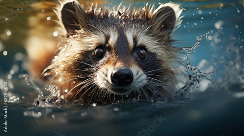 Aquatic Delight: A Playful Encounter with a Young Raccoon's Swim. Generative AI © Sascha