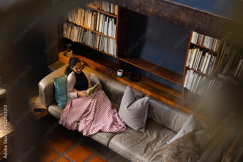 © Wavebreak Media - Biracial woman sitting on sofa reading book in living room, copy space © Wavebreak Media - Biracial woman sitting on sofa reading book in living room, copy space