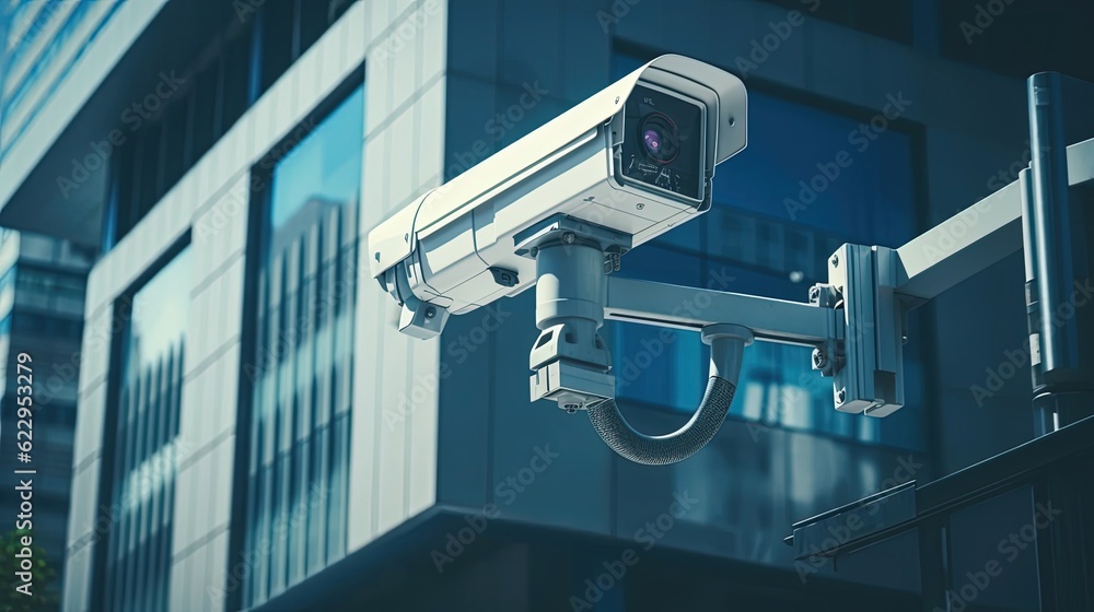 Close-up of a security camera in front of an office building. Created with Generative Ai technology.