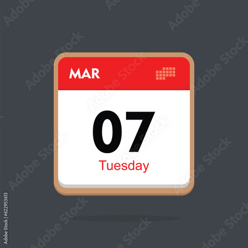 tuesday 07 march icon with black background, calender icon