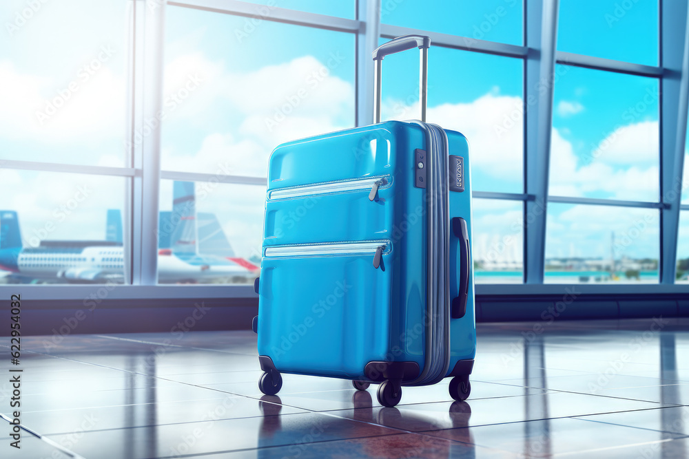 blue suitcase in an airport setting. Generative AI, Generative AI