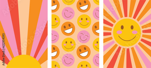 Set of posters with groovy sun and emoji. Groovy posters 70s, 80s. Retro poster. Botanical elements, vintage print. Colorful retro background.