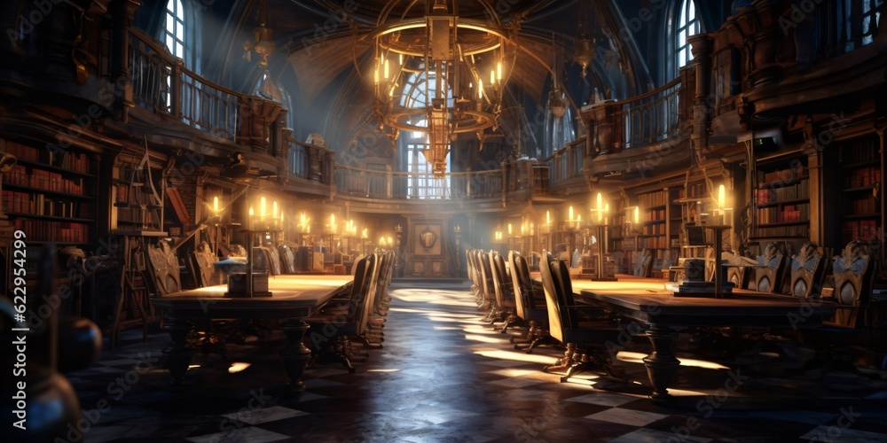 medieval library, gothic reading room interior with desks, old ...