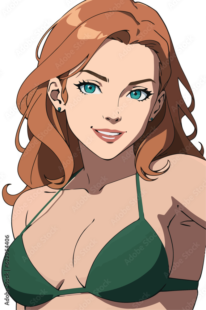 Sexy redhead woman in bikini swimwear summer illustration vector cartoon flat style isolated on white background. Sexy redhead woman in bikini swimwear summer illustration vector cartoon flat style isolated on white background.
