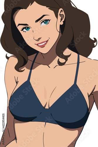 Sexy brunette girl in bikini swimwear summer illustration vector cartoon flat style isolated on white background.