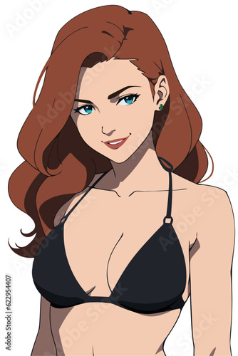 Sexy redhead woman in bikini swimwear summer illustration vector cartoon flat style isolated on white background.