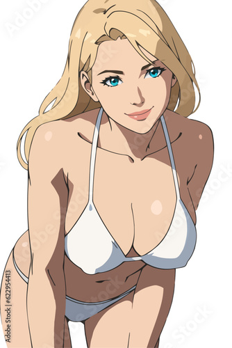 Sexy blonde woman in bikini swimwear summer illustration vector cartoon flat style isolated on white background.