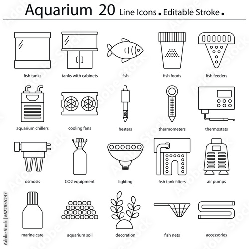Aquarium line icons set, editable stroke signs