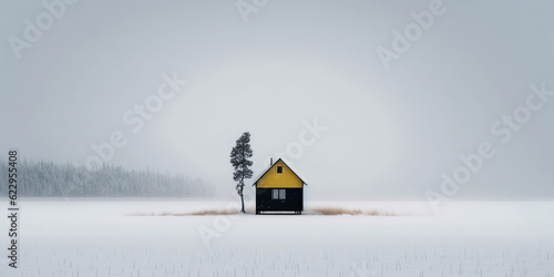 ai generated illustration Minimalism Lonely House And Tree Composition In Winter Landscape