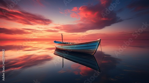 Boat on the lake in the late afternoon with a reddish sky