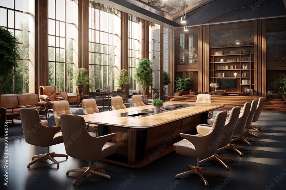 A business conference room in warm and wood tones. Great for articles and presentations about business, finance, meetings, teams, marketing and more. 