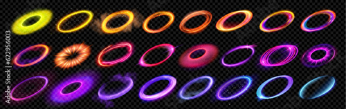 Realistic set of round light flares isolated on transparent background. Vector illustration of neon color glowing circles with smoke, sparkling particles, explosion, halo effect. Radial energy vortex