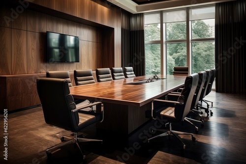 A business conference room in warm and wood tones. Great for articles and presentations about business  finance  meetings  teams  marketing and more. 